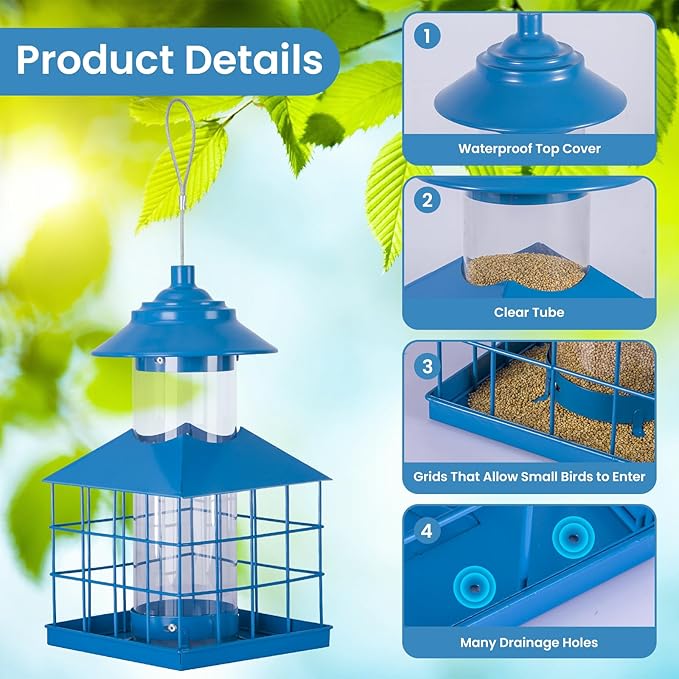 Squirrel Proof Bird Feeder, Hanging Metal Cage Bird Feeders for Outdoors, Weather Resistant Wild Bird Feeders with Finch Cardinal Chickadee, 3.4 LB Large Capacity,Blue