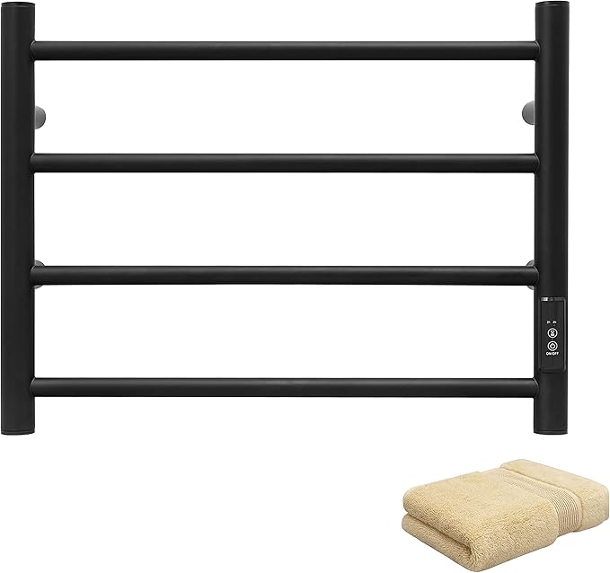 KEG Towel Warmer Wall Mounted with Built-in Timer 4 Bars Electric Stainless Steel Heated Towel Racks for Bathroom, Hot Plug-in Bath Towel Heater Matte Black