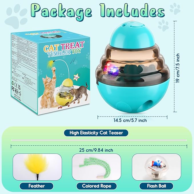 Tumbler Cat Toys for Indoor Bored Cats,Fun Wand Toy and Feather Toys Slow Feeder with Flash Ball,Cat Toys for Indoor Cats to Loss Weight and Exercise Feeding Pet Supplies Birthday Gift (Blue)
