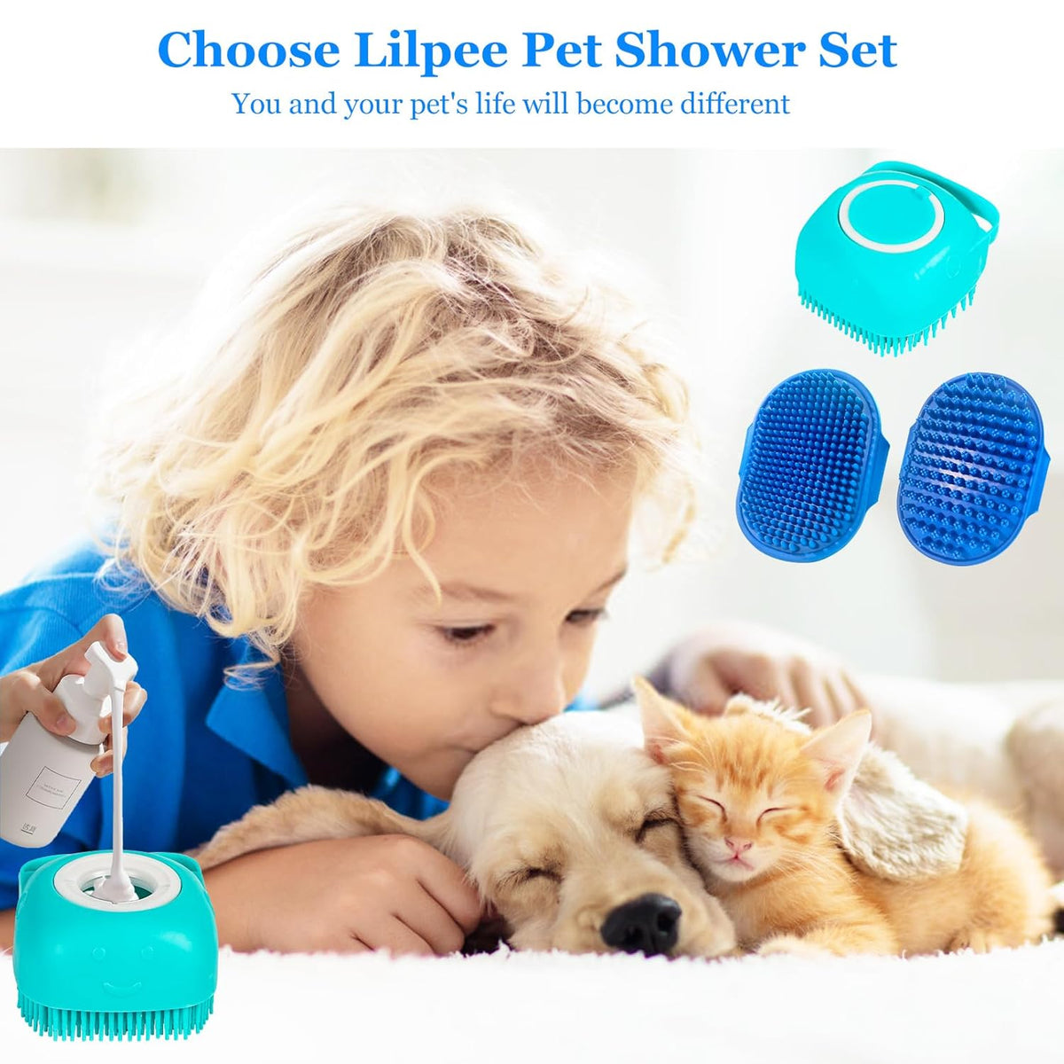 Dog Grooming Brush, Lilpep Pet Shampoo Bath Brush Soothing Massage Rubber Comb with Adjustable Ring Handle for Long Short Haired Dogs and Cats (Blue, set)