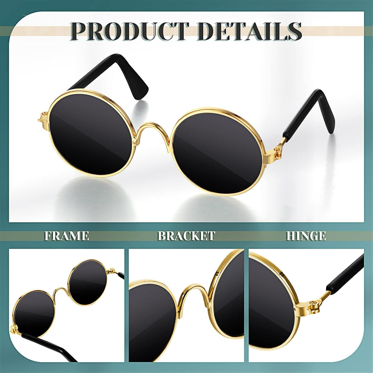 Dog Sunglasses Retro Pet Glasses Doll Glasses Classic Round Dog Glasses Metal Cat Puppy Eye Wear Hippie Costumes for Cats and Dogs, Photos Props Cosplay Party Costume (Gold, Black,Classic Style)