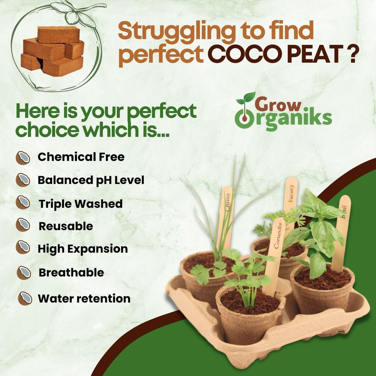 2 Pack Premium Coco Coir Brick for Plants | 100% Organic Compressed Coconut Coir Bricks Starting Mix, Coco Coir Fiber Coconut Husk for Planting, Gardening, Potting Soil Substrate, Herbs, 1.4 LB/Brick