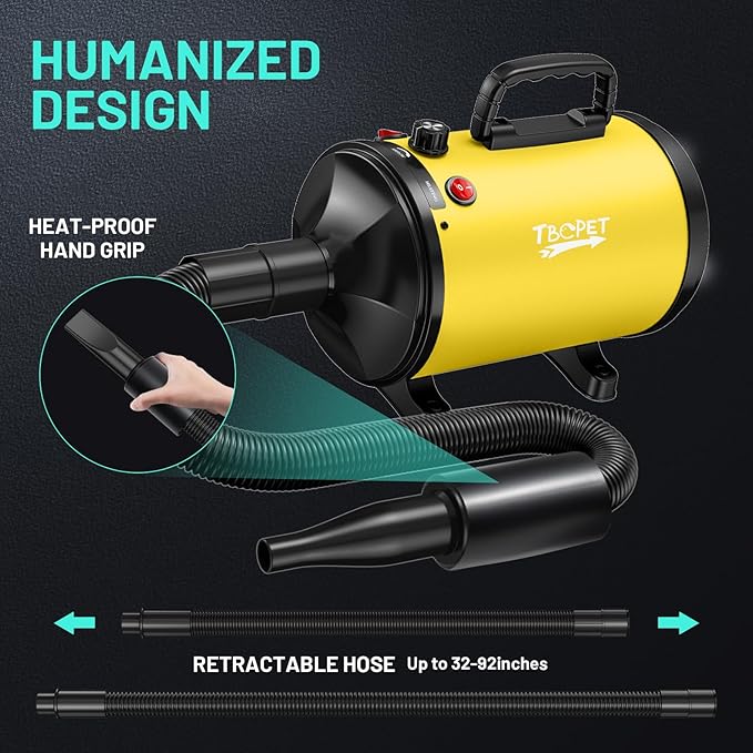 Dog Dryer High Velocity Dog Hair Dryer with 4 Nozzles 5.2HP/3800W (Professional Super Cyclone), Stepless Adjustable Speed Temperature Dogs Grooming Blow Dryer with Heater for Pets Hair Dryer, Yellow