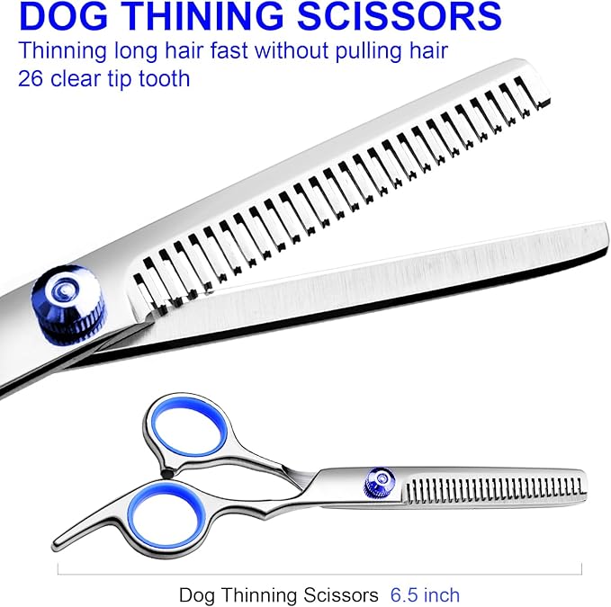 Professional Dog Grooming Scissors Kit, Titanium Coated Dog Scissors for Grooming, Grooming Shears Kit - Thinning, Curved Scissors and Comb for Dog Cat Pet (Blue 4 in 1)