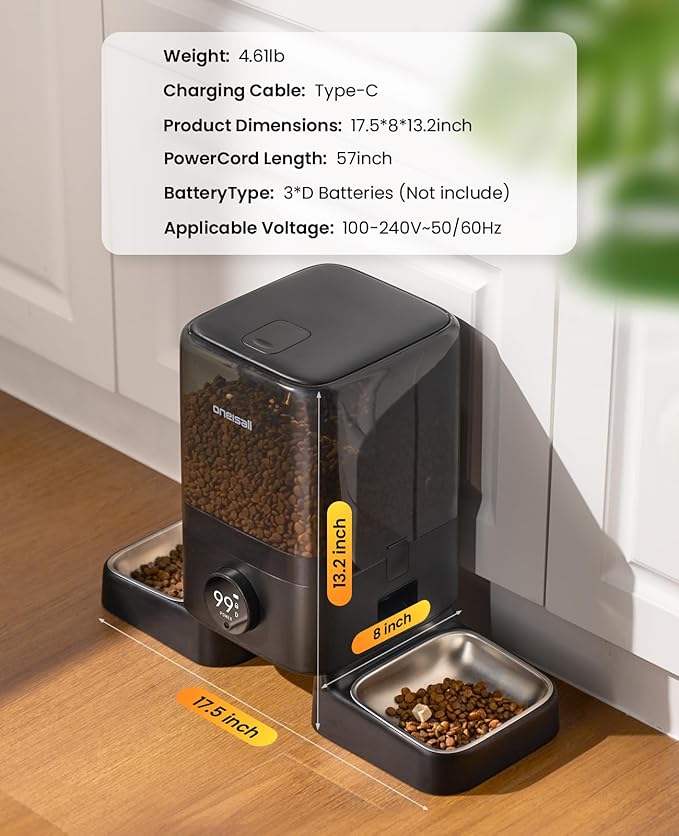 oneisall Wireless WiFi Automatic Cat Feeders 2 Cat, Rechargeable 100-Day Battery Operated Timed Cats Feeder, 20 Cups/5L Cats Food Dispenser Automatic for Large Kibble, Smart App Control.