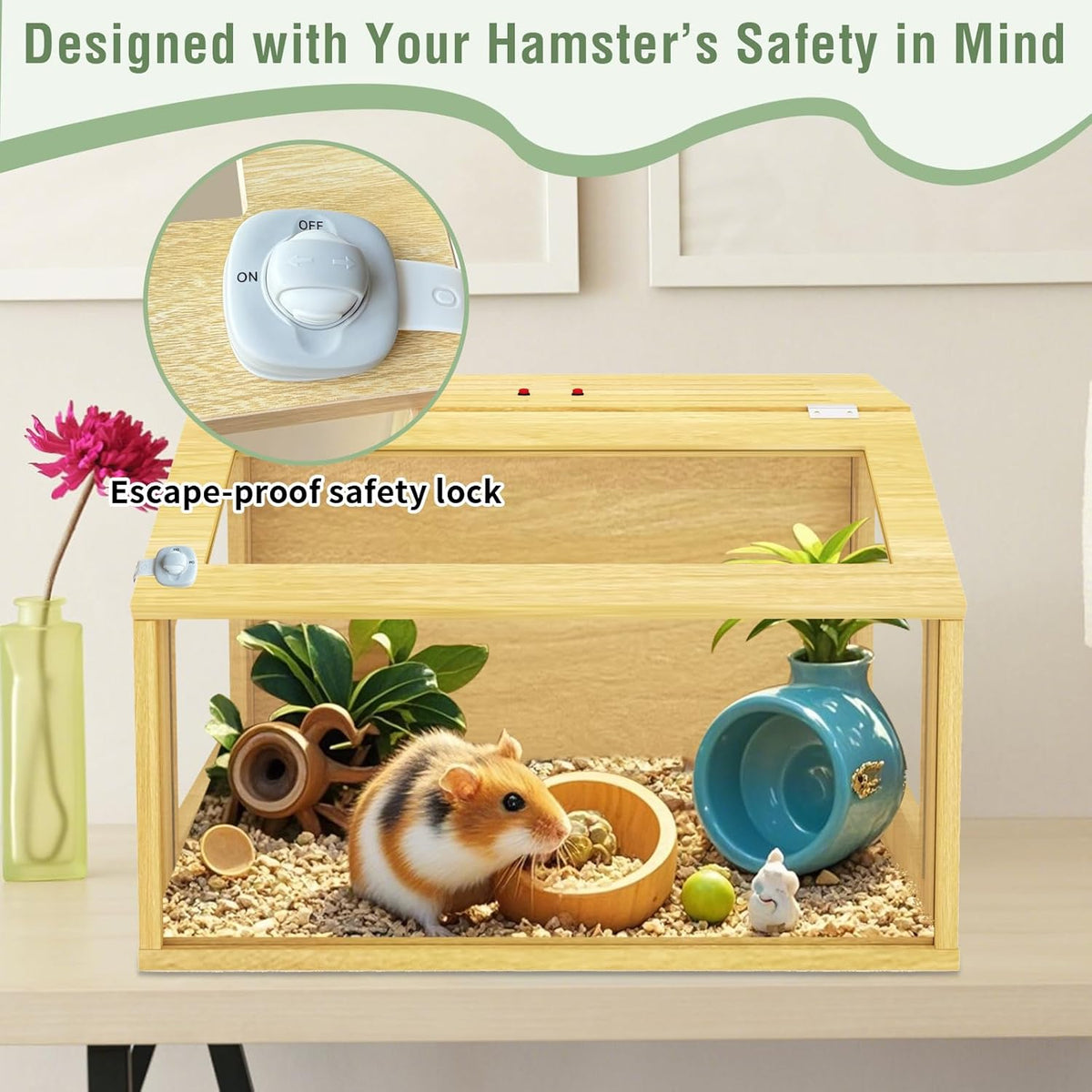 24" Wooden Hamster Cage, Chewproof Gerbil Cages and Habitats, Openable Top Roof Window with Silencing Pad, Guinea Pig Cage for Small Animals, Dwarf and Syrian Hamster, 24 x 16 x 16 Inches
