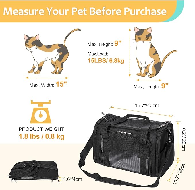 Discala Cat Dog Carrier Up to 15 Lbs TSA Airline Approved Pet Carrier for Small Medium Cats Puppies Dog Carriers for Small Dogs Collapsible Soft Sided Cat Travel Carrier - Black 15.7"x10.2"x10.2"