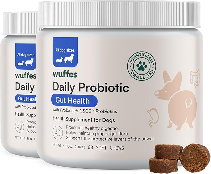 Wuffes Daily Probiotic for Dogs - Supports Digestive Health, Gut Balance, and Immune System - with Prebiotics, Marshmallow Root, and Pumpkin Powder (120 Chews (Pack of 2))