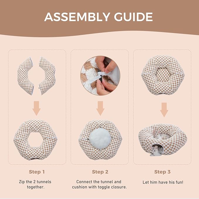 PEQULTI Cat Tunnel with Cat Bed for Indoor Cats, Cat Play Donut Tunnel with Washable Soft Plush Mat, Round Tunnel Toys Cute Tube for Kittens, Puppies, Rabbits and Ferrets, Brown