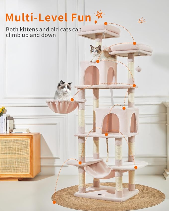 TaoqimiaoCat Tree Cat Tower for Indoor Cats, Plush Multi-Level Cat Condo with 12 Scratching Posts, 2 Perches, 2 Caves, Hammock, 2 Pompoms Jelly Pink