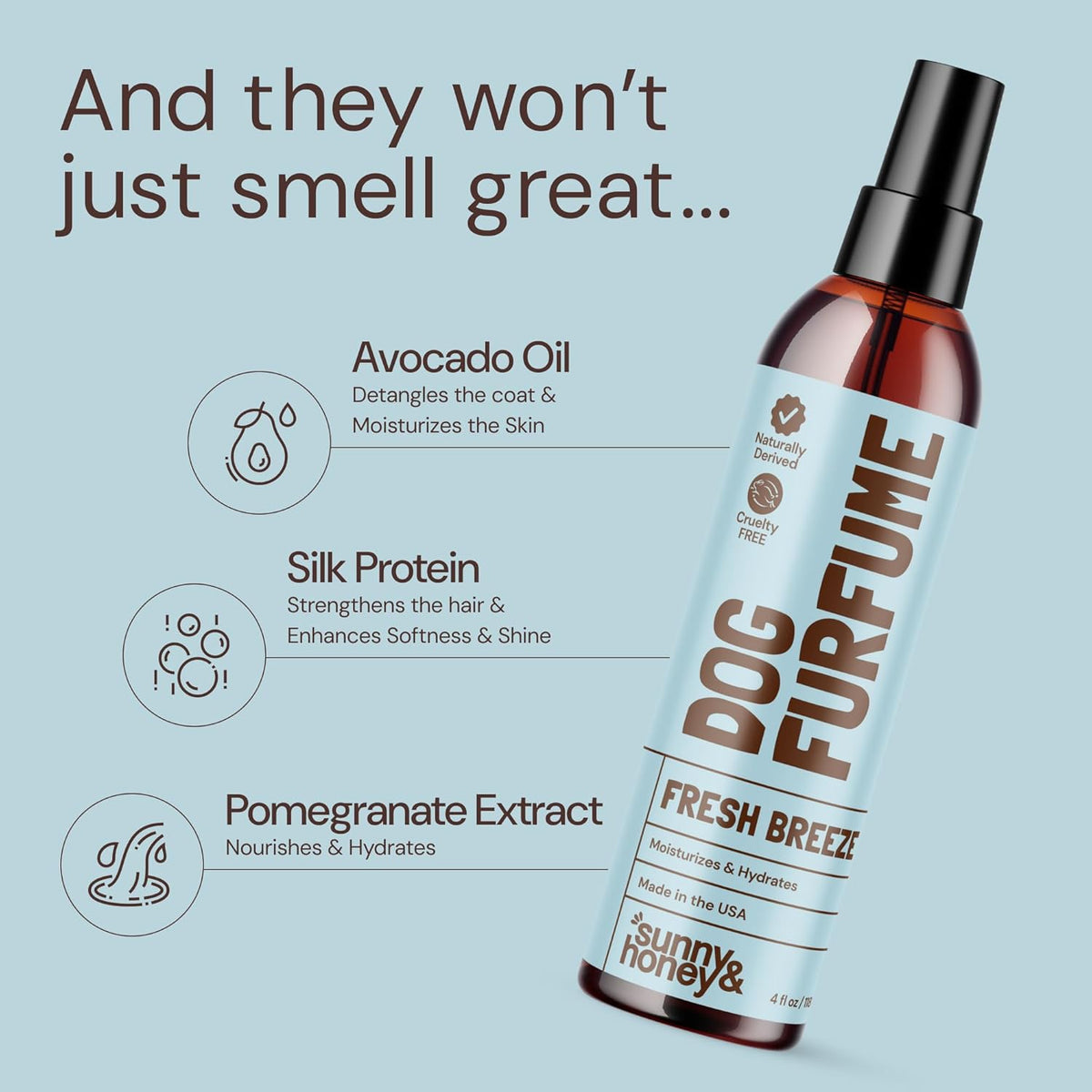 Sunny & Honey Dog Perfume Spray Long Lasting - 4 fl oz (2-Pack) - Deodorizing, Detangling & Hydrating with Avocado Oil & Silk Protein - pH Balanced Dog Cologne Spray - Fresh Breeze Scent