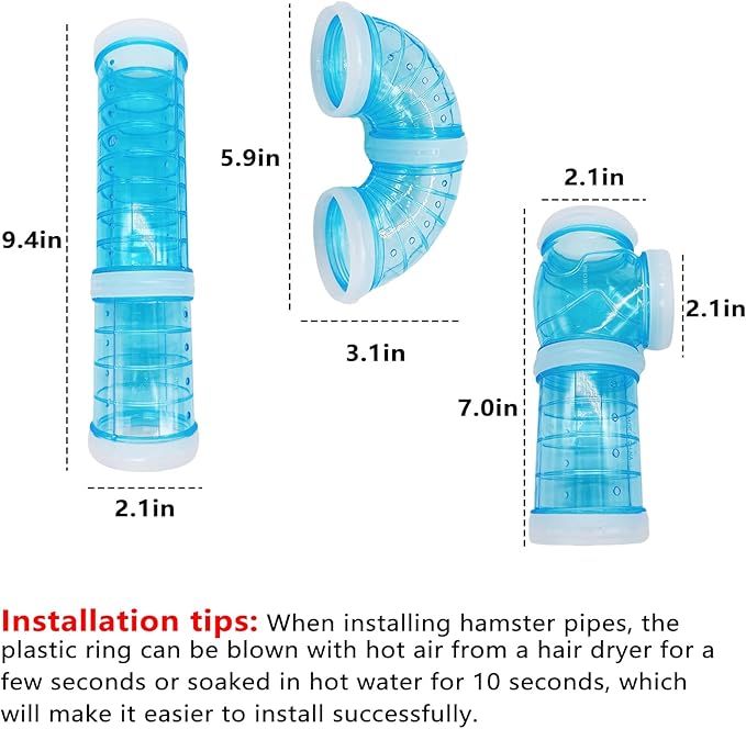 8PCS Hamster Tunnel Tube DIY Assorted Toy Transparent Adventure Pipe Playground Excercise Set for Mouse Syrian Hamster Gerbil Rat (Blue)
