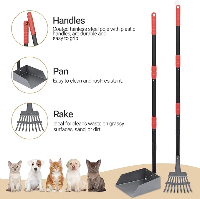 Heeyoo Dog Pooper Scooper, Dog Poop Tray and Rake Set, Pet Waste Removal Scoop with Long Adjustable Sectional Stainless Handles, 2 Pieces