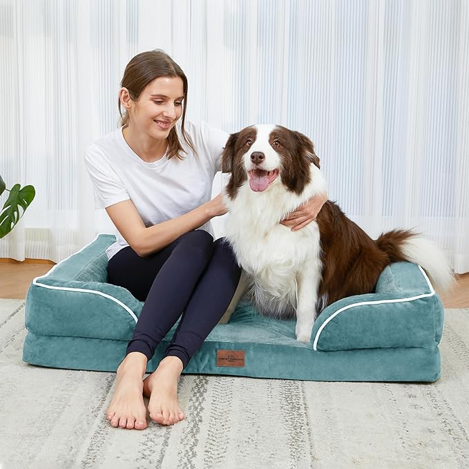 Comfort Expression Orthopedic Dog Bed for Medium Dogs 30x20 Inch, Waterproof Egg Crate Foam Medium Pet Bed with Removable Bolsters, Dog Couch with Washable Cover & Non-Slip Bottom, Washed Blue