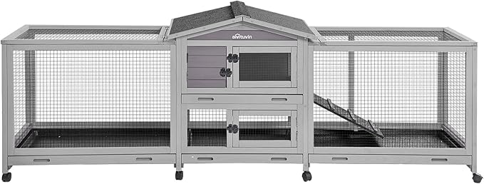 Aivituvin Rabbit Hutch 93.7" Large Rabbit Cage Indoor Outdoor Guinea Pig Cage Chicken Coop on Wheels Bunny Cage with 4 Deep No Leakage Pull Out Tray,Waterproof Roof