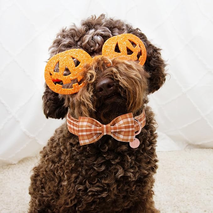 Fall Plaid Dog Collar and Bow Tie Set – Brown Orange Checkered Adjustable Collar with Maple Leaf Charm for Small Medium Large Dogs, Soft Cotton Puppy Collar with Quick Release Buckle
