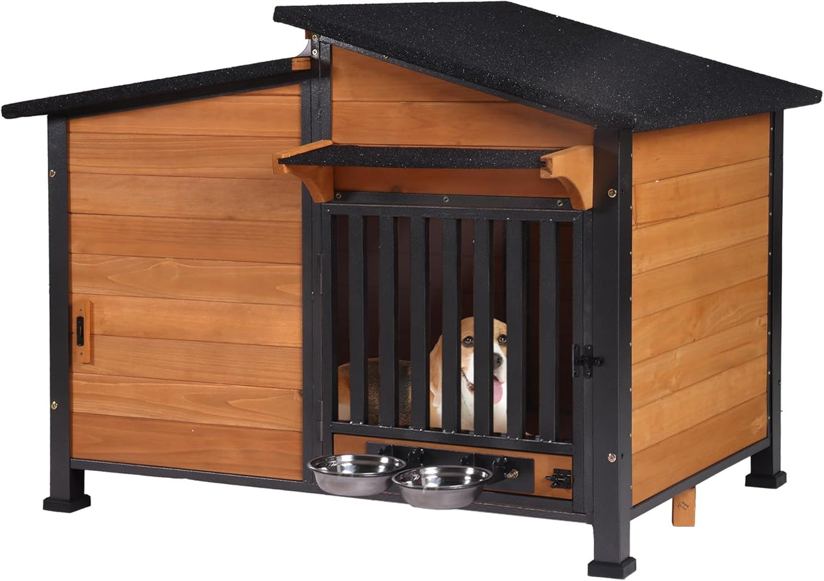 GUTINNEEN Dog House Outdoor with Anti-Chewing Metal Frame, Wooden Dog Kennel with 360° Rotating Feeding Bowl, Weatherproof Roof, for Indoor & Outdoor Use - Natural Wood Color