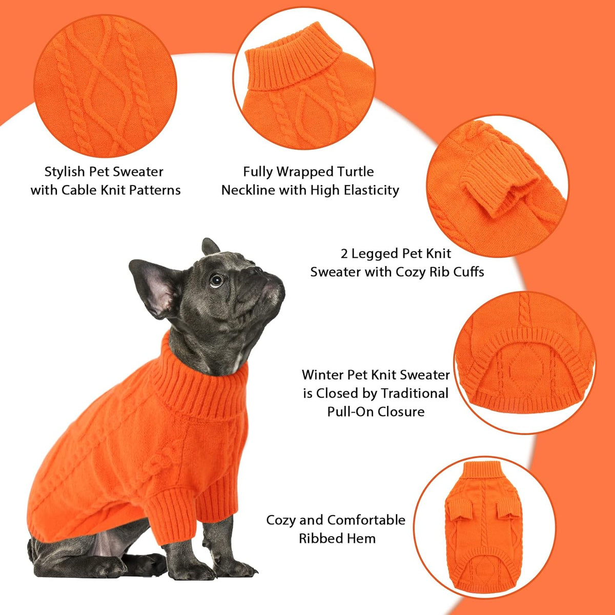 Queenmore Small Dog Pullover Sweater, Cold Weather Cable Knitwear, Classic Turtleneck Thick Warm Clothes for Chihuahua, Bulldog, Dachshund, Pug (Orange, Small)