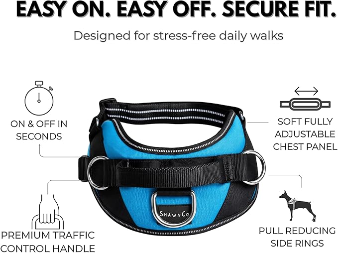 ShawnCo Essential Dog Harness, No-Pull Pet Vest with 3 Leash Clips, No Choke, Reflective, Adjustable and Padded, for Easy Walking and Training for Small, Medium and Large Dogs (Electric Blue,S)