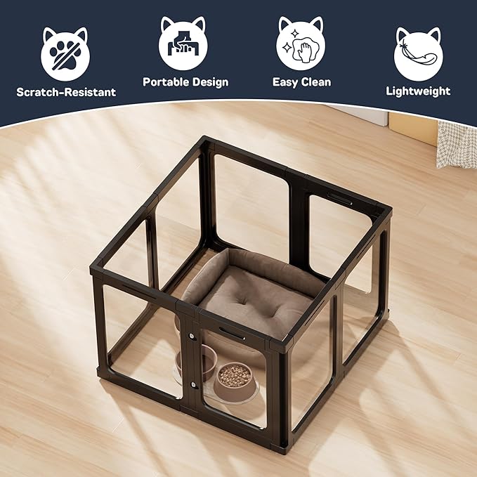 Jalove Acrylic Dog Playpen Indoor, 8 PCS Plastic Puppy Playpen with Door, Clear PlayPen for Dog Cat Rabbit Ferret, Easy Assemble Pen, Preferable Small Cage, Black, 33.5" L x 33.5" W x 24" H