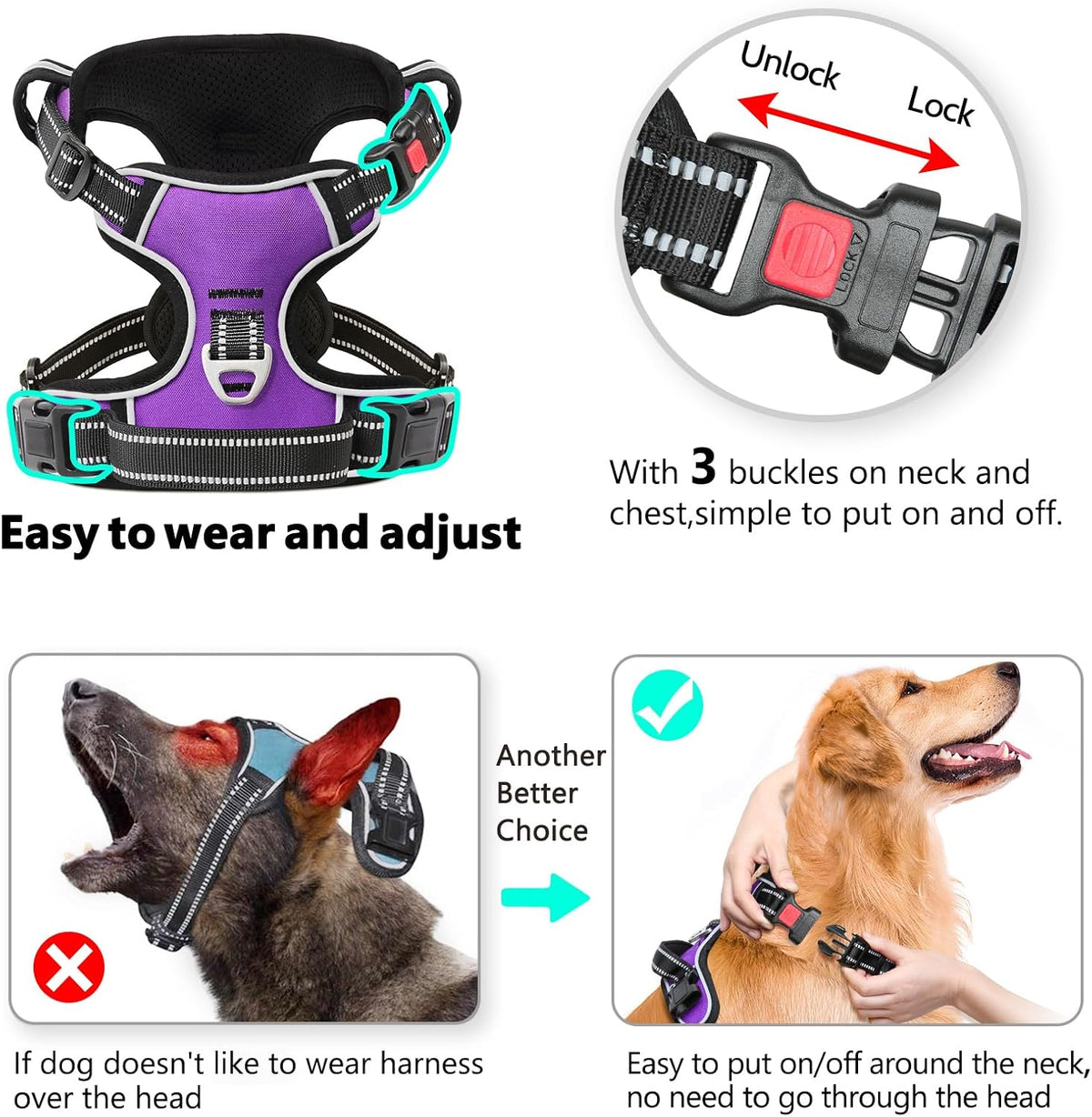 Timos Dog Harness Large Sized, No Pull with Neck Lockable Snap,No Choke Front Clip Dog Reflective Harness,Adjustable Metal Rings 3 Buckles,Easy Control Handle for Large Dogs Purple L