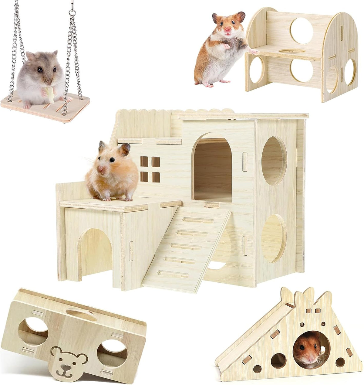 Hamster Toys 5-Piece Set ，Hamster House, Swing, Climbing Ladder, Seesaw & Exercise Wheel，Pet DIY Sport Exercise Toys Set, Small Animal Habitat Accessories ，Gerbils, Mice（Natural Wood）