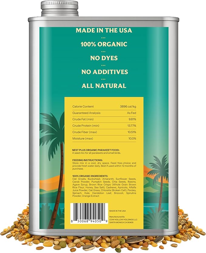100% Organic Parakeet Food – Premium Bird Seed Mix with Oat Groats, Buckwheat, Amaranth, Super Veggies & Seeds – Reusable Tin + Stainless-Steel Scooper – Made in USA, Human Grade Ingredients (2lb)