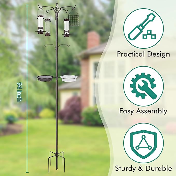 Bird Feeding Station Kit, 94 Inch Bird Feeder Pole Stand for Outdoors Hanging with 4 Feeders, Metal Suet and Bath Tray for Wild Birds Watching