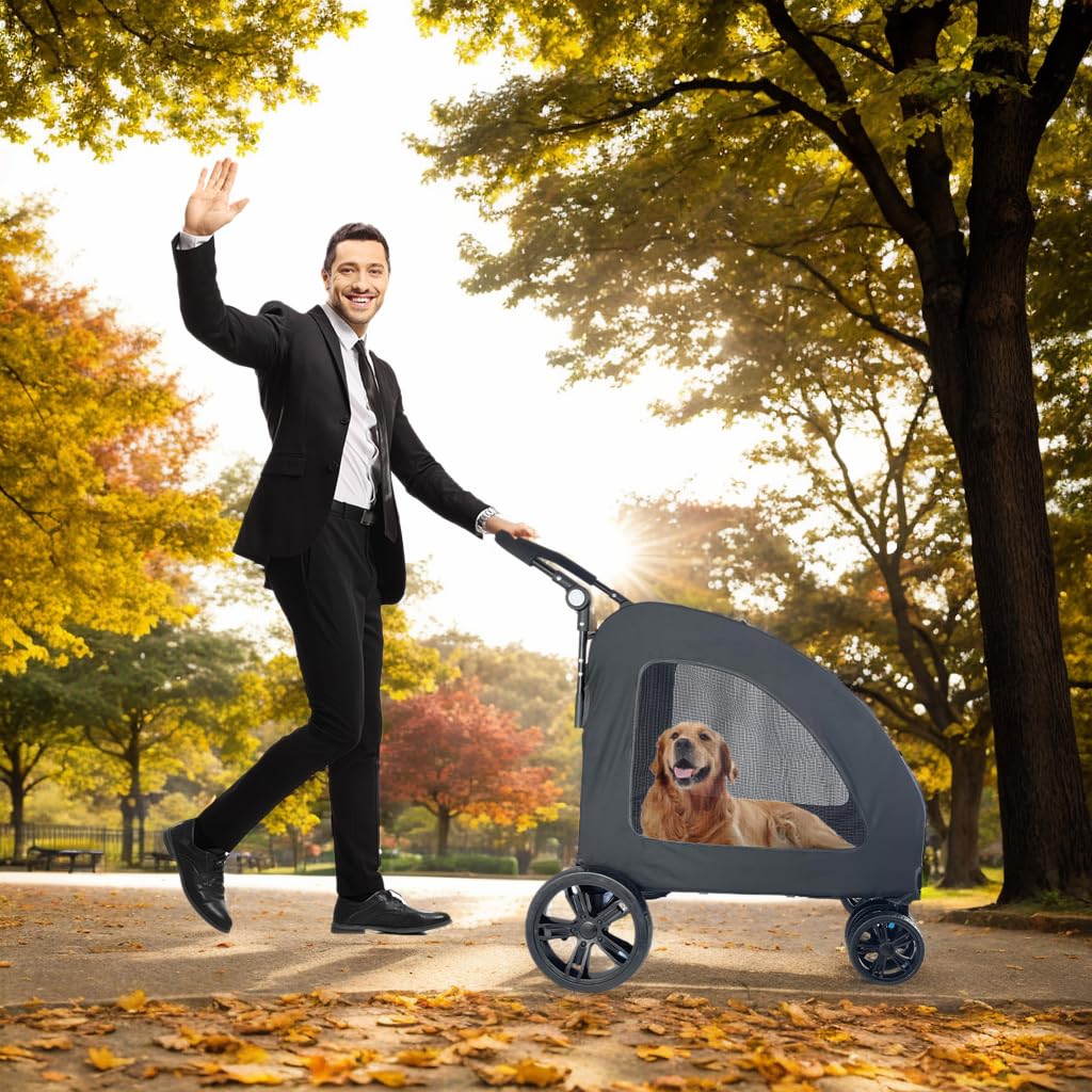 Extra Large Dog Stroller for Medium & Large Pets - Foldable Design, Adjustable Handle, Up to 130 lbs(Blue)