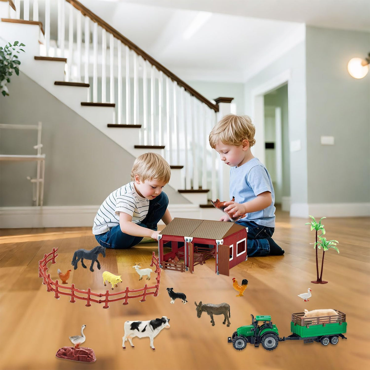 BOLZRA Mini Barn Playset, 66PCS Plastic Animals Figurines and Fence, Farm Figures Farmer Vehicle Toy Truck with Trailer for 3-12 Years Old Kids Boys Girls Toddlers