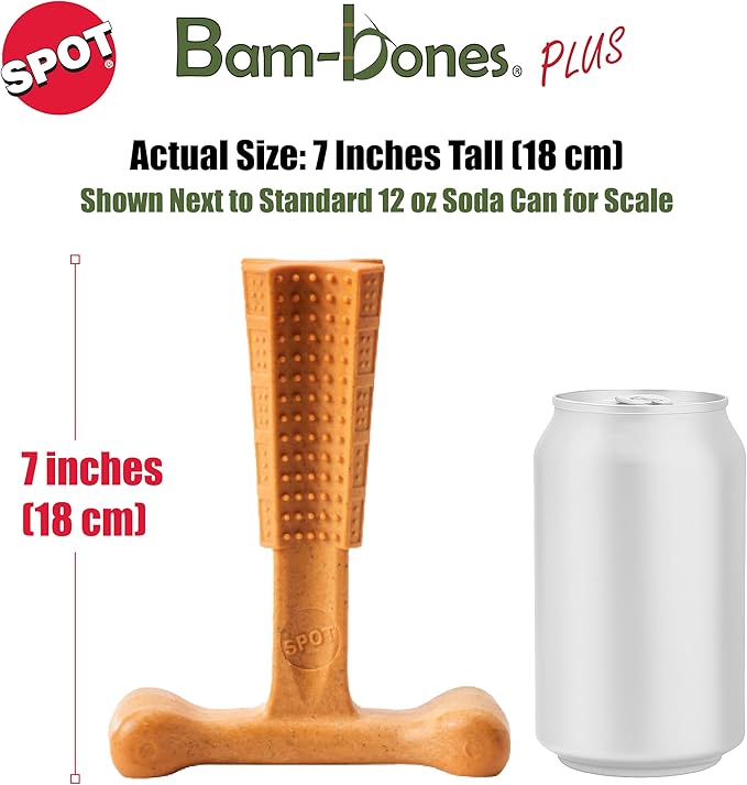 SPOT Bam-Bones Plus T Bone - Bamboo Fiber & Nylon, Durable Long Lasting Dog Chew for Aggressive Chewers – Toy for Dogs & Puppies Under 90lbs, Non-Splintering, 7in, Allergen Free Peanut Butter Flavor