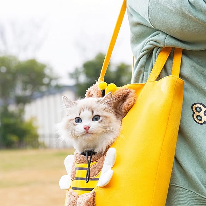 Pet Canvas Shoulder Carrying Bag, Cute Bee Shaped Cat Carrier, S Size Portable Kitten & Puppy Tote, Cozy Carriers for Small Dogs, Cats, and Pets, Handbag for Outdoor, Shopping, and Camping