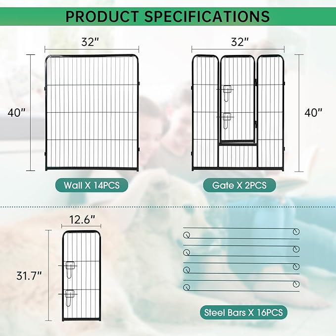 BestPet | Dog Playpen | 40 Inch, 16 Panels | Heavy Duty Metal Pet Exercise Pen | Indoor Outdoor Fence Panels | Rust-Resistant, Removable, Tool-Free Setup | Anti-Skid, Expandable Design