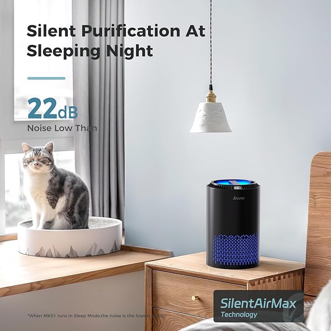 AROEVE Air Purifiers for Bedroom Home, Air Purifier For Smoke Pollen Dander Hair Smell Air Cleaner with Sleep Mode Speed Control For Bedroom Office, MK01- Black(Available for California)