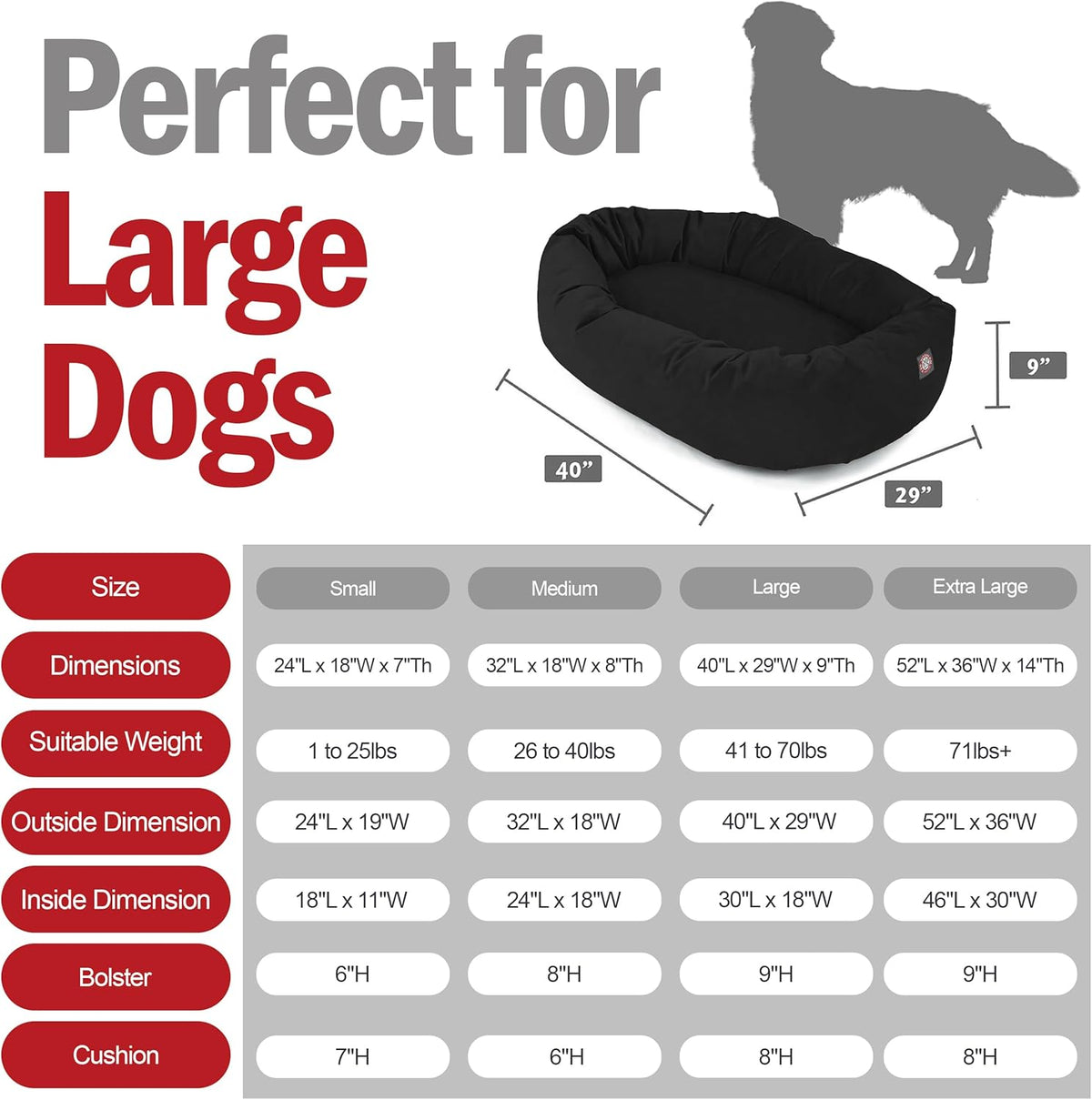 Majestic Pet 40 Inch Suede Shredded Memory Foam Mix Calming Large Dog Bed Washable 40 x 29 x 9 (Inch) - Cozy Soft Round Donut Dog Bed with Spine for Head Support - Pet Bed Black