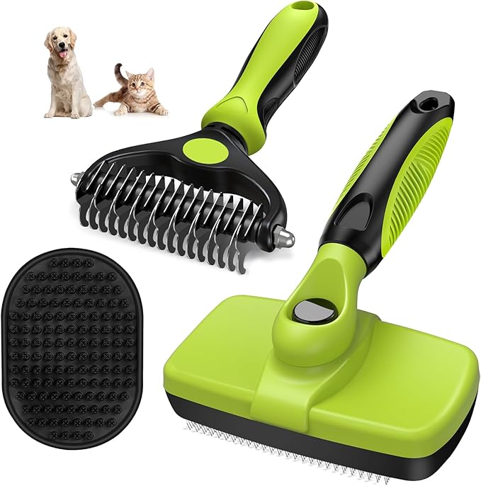 3PCS Self Cleaning Slicker Brush & Pet Grooming Rake & Bath Brush for Dogs,Cats and Horses | Double-Sided Dematting Comb & Skin Friendly Deshedding Grooming Tool | Premium Pet Supplies(Green Black)