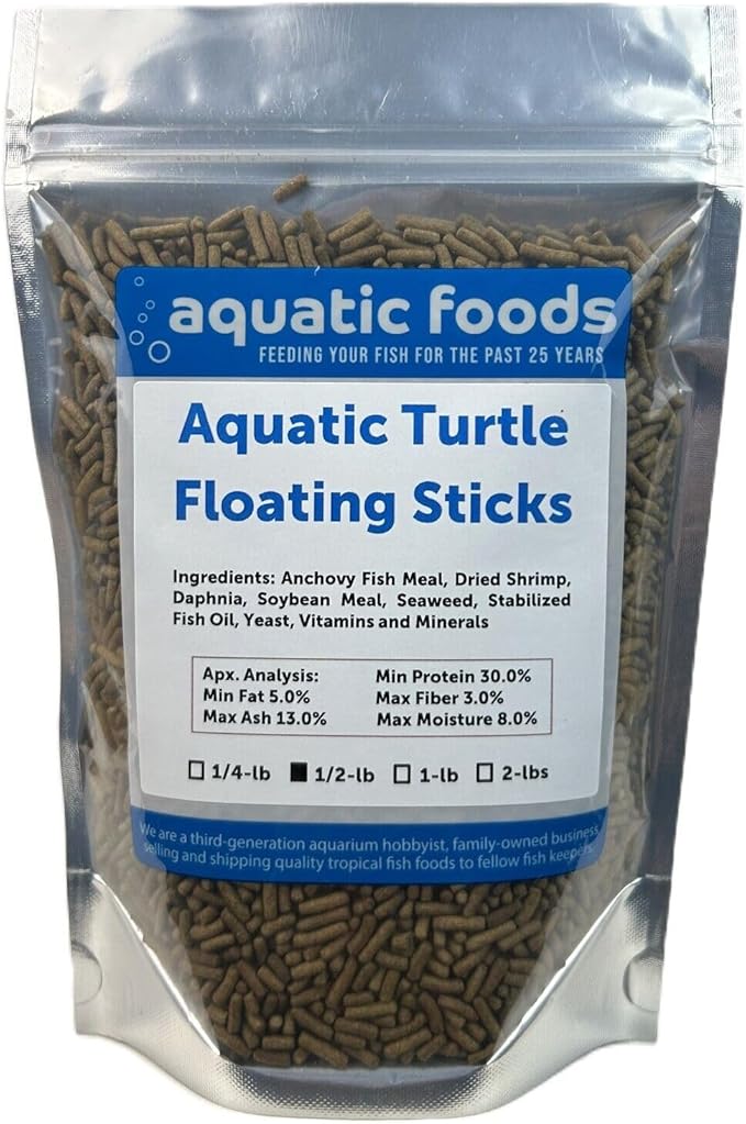 Aquatic Foods Inc. Aquatic Turtle 3/8" x 1/8" 30% Protein Floating Sticks for Aquatic & Semi Aquatic Red Ear, Painted. Map, Soft Shell Pond Turtles...WL…1/2-lb Foil Pouch Bag