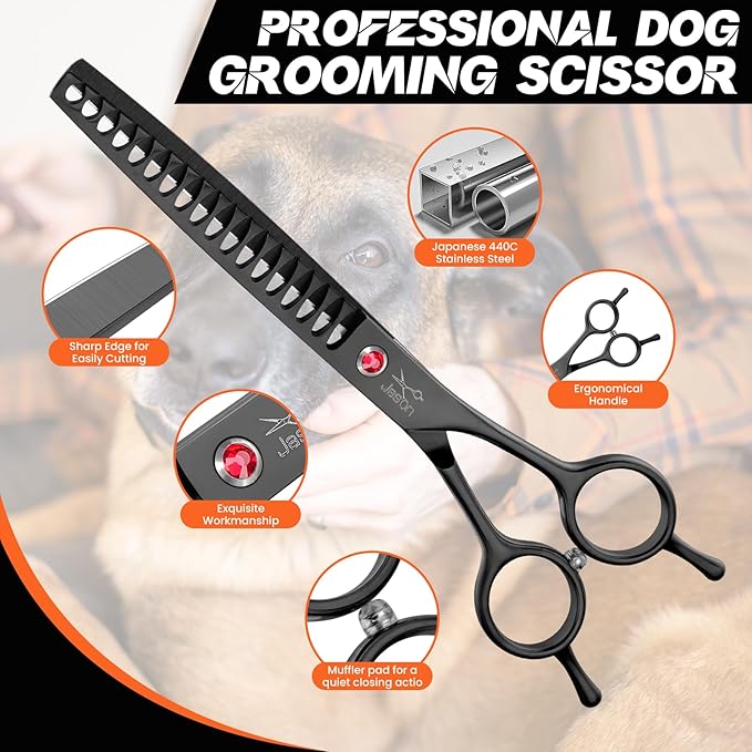 JASON 7.5" Dog Grooming Scissor - Professional Thinning Chunker Shear with 18 Teeth Japanese Stainless Steel Hair Scissors for Dogs, Cats and Other Pets (Chunker, Black)