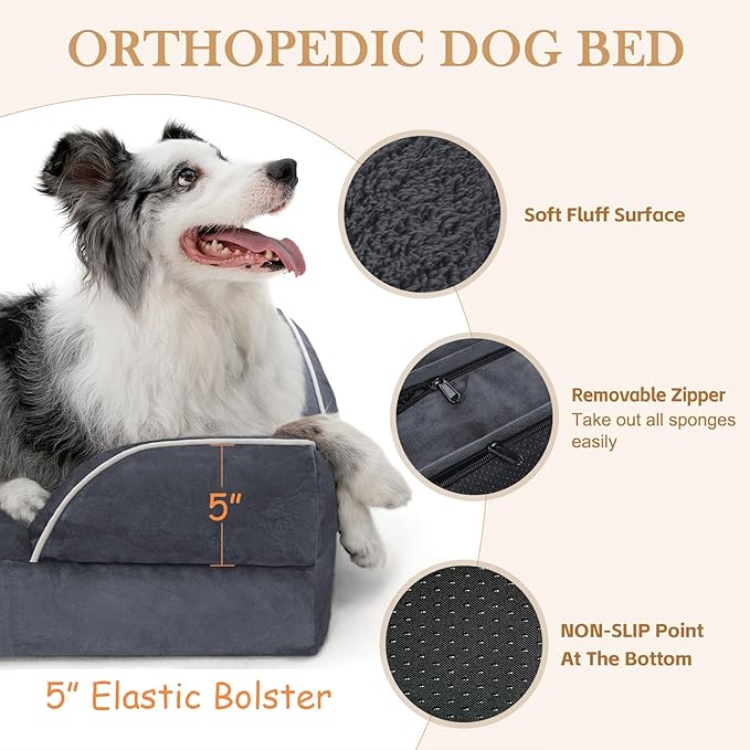 Comfort Expression Orthopedic Dog Bed for Extra Large Dogs 42x30 Inch, Waterproof Egg Crate Foam XL Pet Bed with Removable Bolsters, Dog Couch with Washable Cover & Non-Slip Bottom, Dark Grey