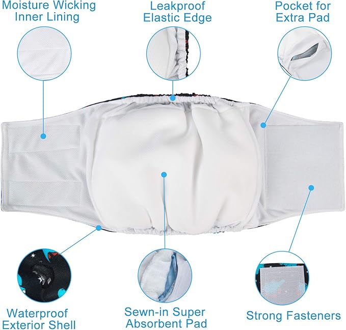 CuteBone Dog Diapers Male Washable Belly Band for Male Dogs Wraps Black 3pcs a Pack DM56L