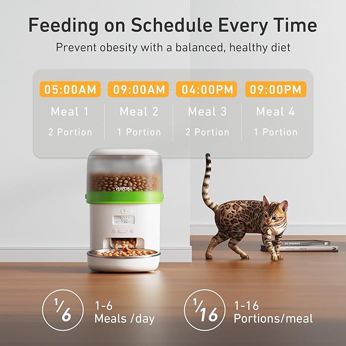 Automatic Cat Feeder - 2L Cat Food Dispenser, Timed Auto Pet Feeder with 180-day Battery Life, 1-6 Meals Per Day, 1-16 Portion, Desiccant Bag Keeps Dry Food Fresh, Also for Small Dogs