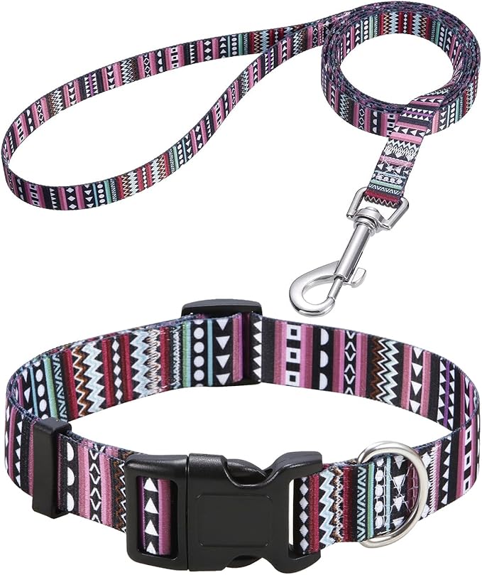 Dog Collar and Leash Set with Bohemia Floral Tribal Geometric Patterns - Soft Ethnic Style Collar Adjustable for Small Medium Large Dogs(Bohemian Purple Set,M)