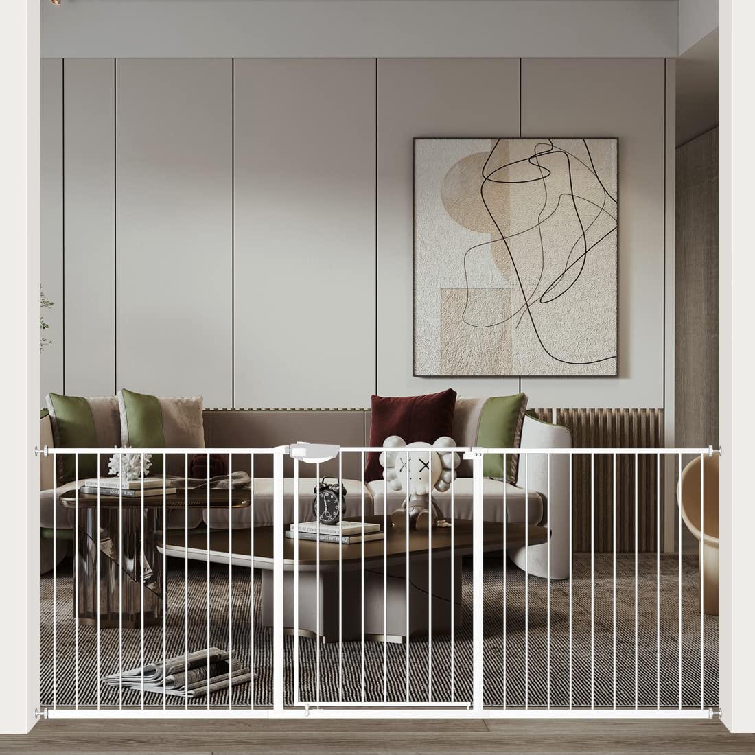 WAOWAO Triple Lock Baby Gate Extra Wide 86.22-90.55" Pressure Mounted Walk Through Swing Auto Close Safety White Metal Dog Pet Puppy Cat for Stairs,Doorways,Kitchen 86.22-90.94"/219-231cm