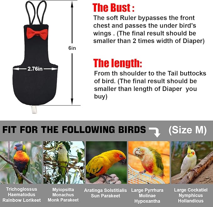 Bird Diaper Washable Reusable Parrot Diapers Flight Suit Nappies Protective Breathable Parrot Nappy Clothes for Parakeet, Macaw, Budgie, Canary, Cockatiel (Black, Medium)