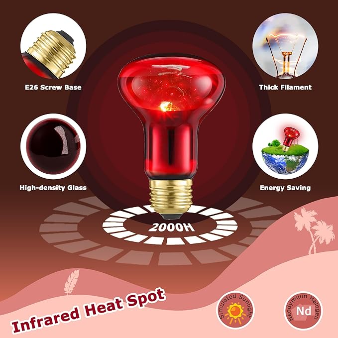 75W Infrared Basking Spot Light Bulbs for Reptiles & Amphibians – Red Heat Lamp for Bearded Dragons, Turtles, Snakes & Chicks, Great for Terrarium Heating & Brooder Warmth | 2 Pack