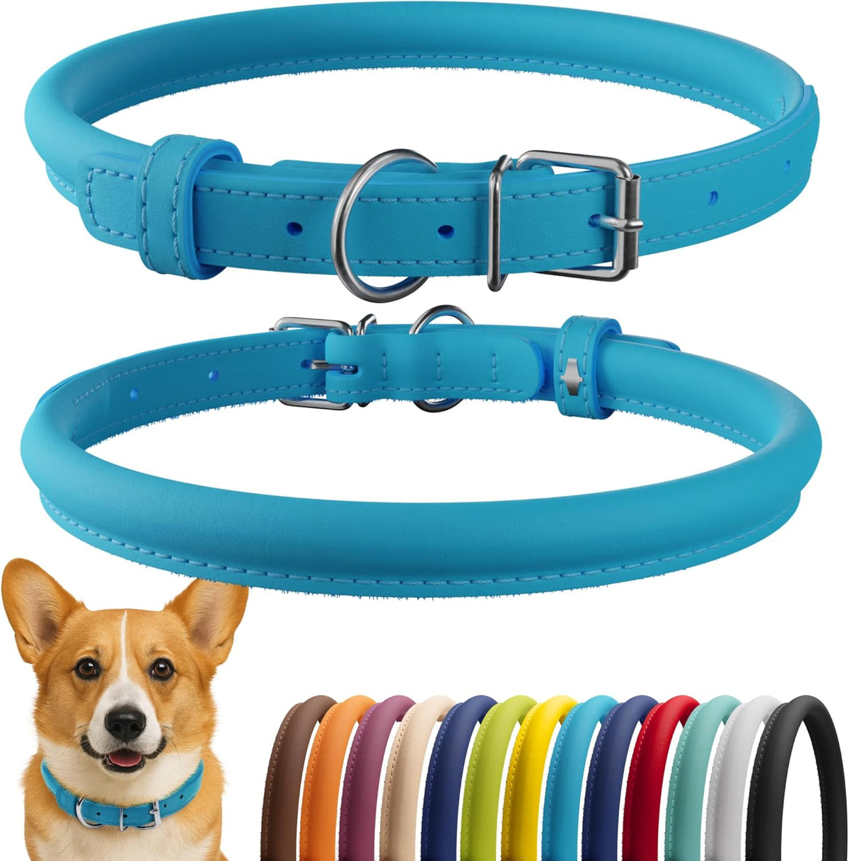 CollarDirect Rolled Leather Dog Collar, Soft Padded Round Puppy Collar, Handmade Genuine Leather Collar Dog Small Large Cat Collars 13 Colors (11-14 Inch, Light Blue)