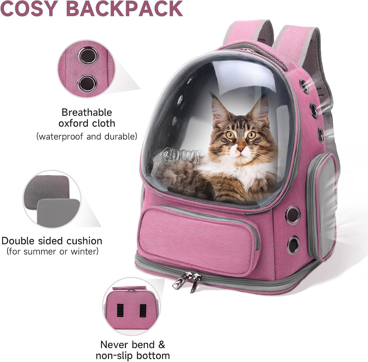 Cat Backpack Carrier, Breathable Cat Carrier Large Space Bubble Pet Backpack for Kitty Small Dog up to 15lbs, Transparent & Foldable Pet Carrier for Travel Hiking（Pink）
