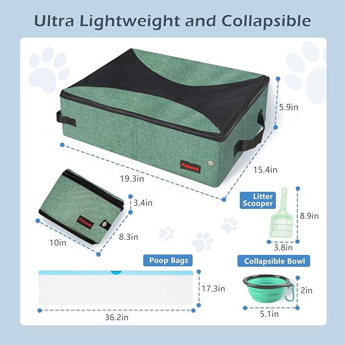 Portable Cat Travel Litter Box. Zipped Lid, Collapsible Litter Box for Cats. No Leakage, No Smell. Easy to Carry. Used for Hotels, Camping, Car (Green, L)