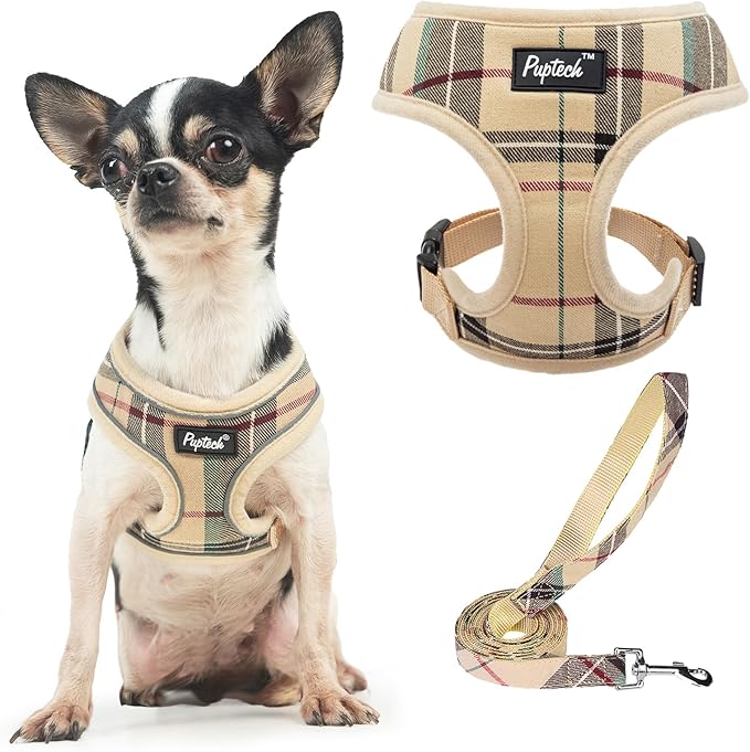 PUPTECK Soft Mesh Dog Harness and Leash Set Pet Puppy Cat Comfort Padded Vest No Pull Harnesses, Beige, XS