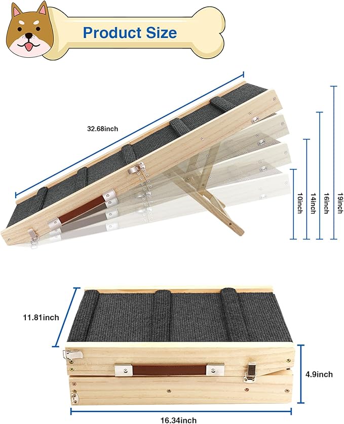 Adjustable Dog Ramp, Wooden Folding Portable Pet Ramp,Rated for 30 LBS, 32.6" Long and Adjustable from 10" to 19" with Non-Slip Traction Mat, Dog Step for Bed, Couch,Car (Grey)